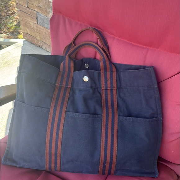 Authentic HERMES THICK Cotton canvas orange stripes expandable snap Tote Bag